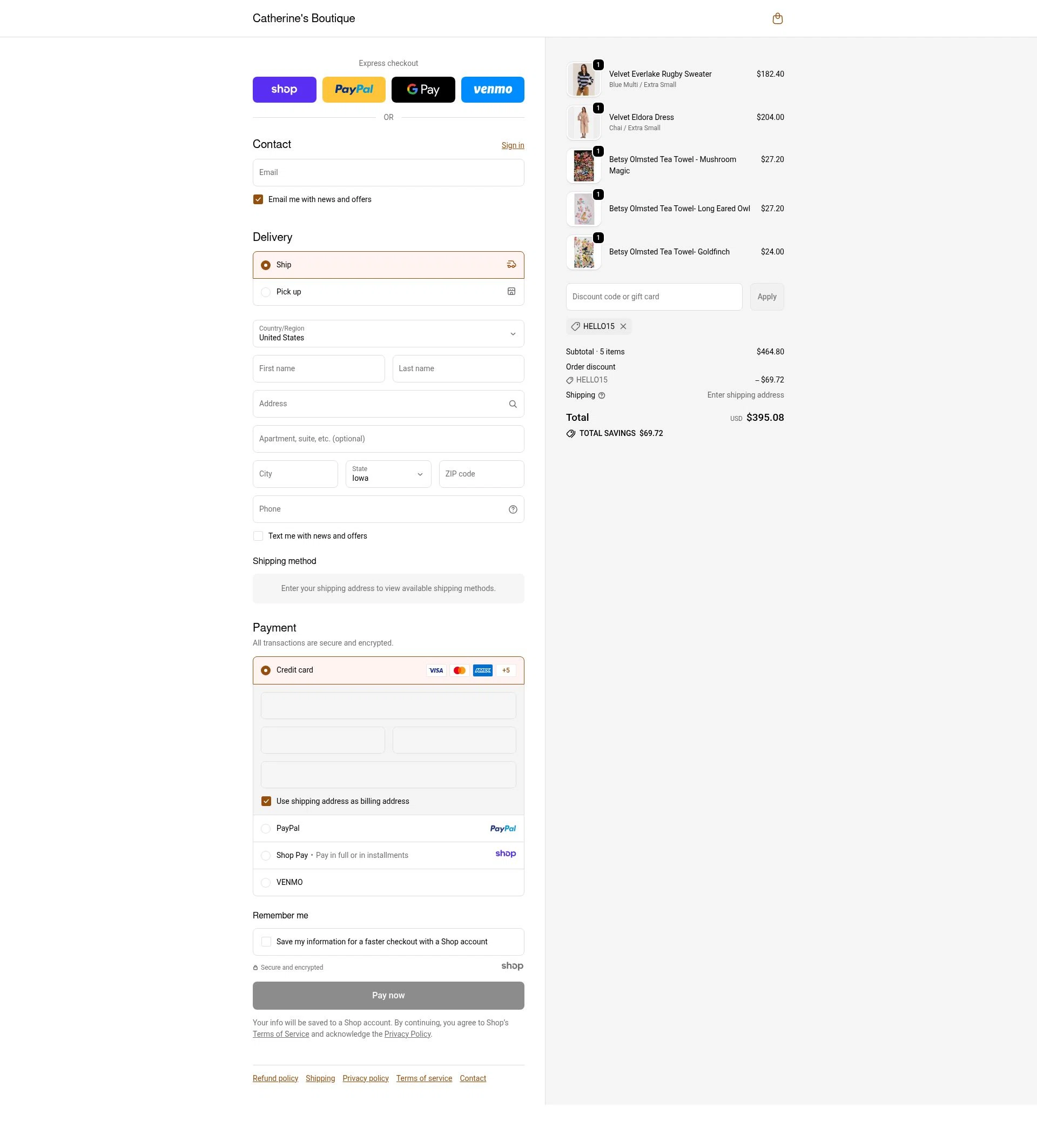 Catherine's Boutique checkout page showing Catherine's Boutique promo code box | Screenshot taken by SimplyCodes community member on Dec 6, 2025