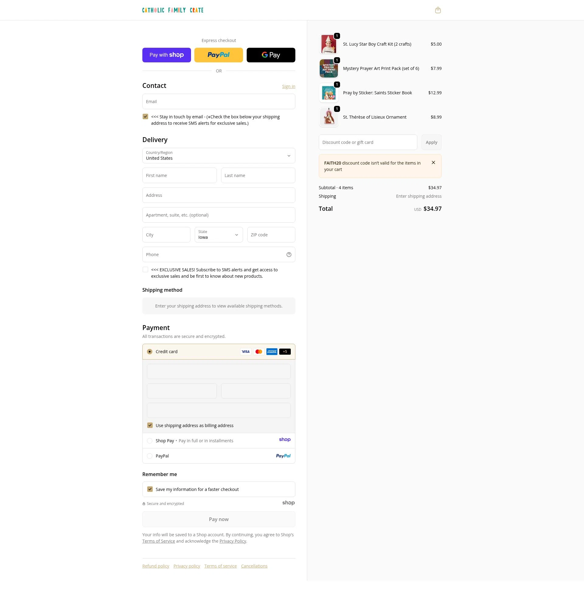 Catholic Family Crate checkout page showing Catholic Family Crate discount code box | Screenshot taken by SimplyCodes community member on Jan 7, 2026
