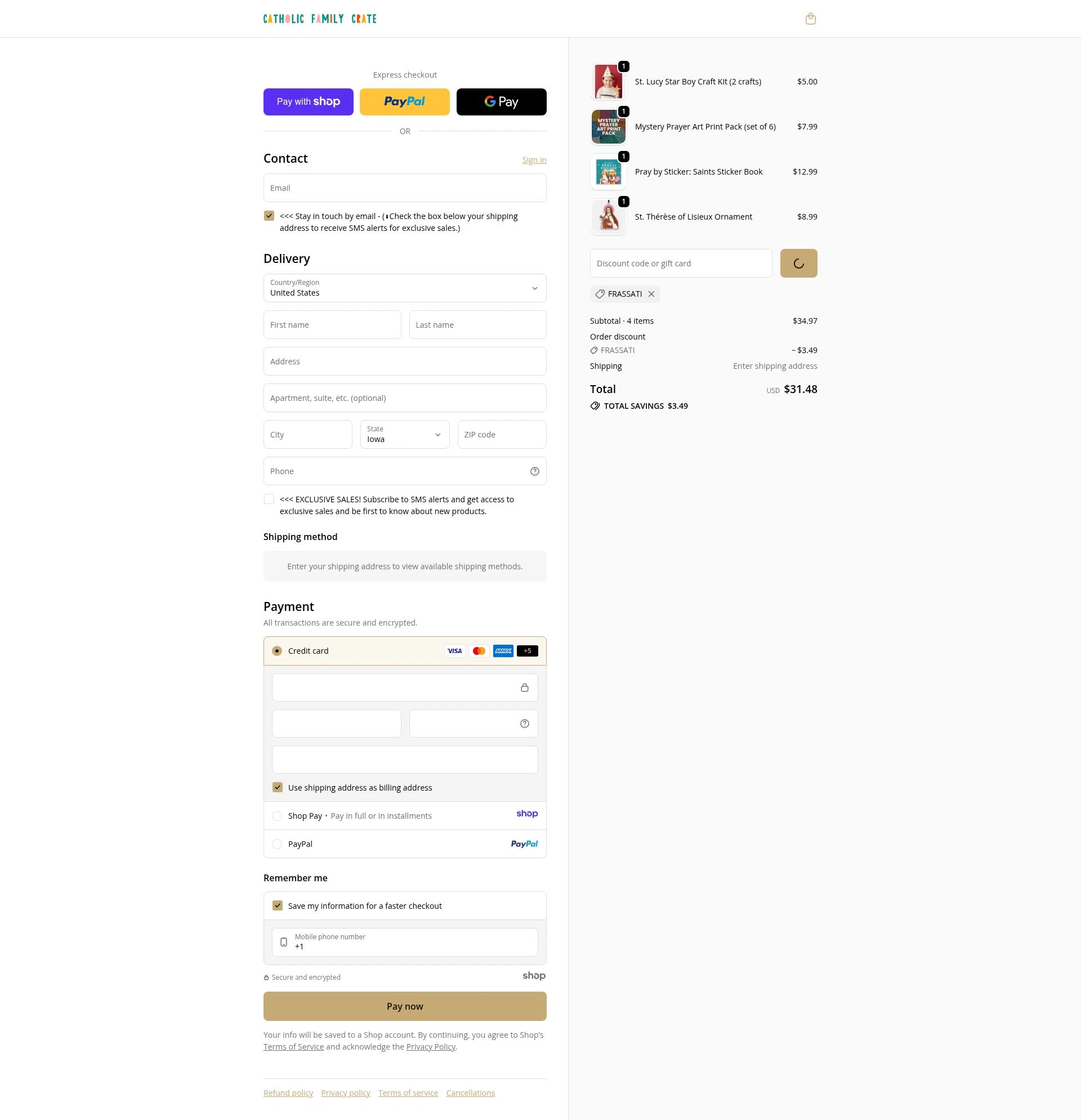 Catholic Family Crate checkout page showing Catholic Family Crate discount code box | Screenshot taken by SimplyCodes community member on Jan 7, 2026