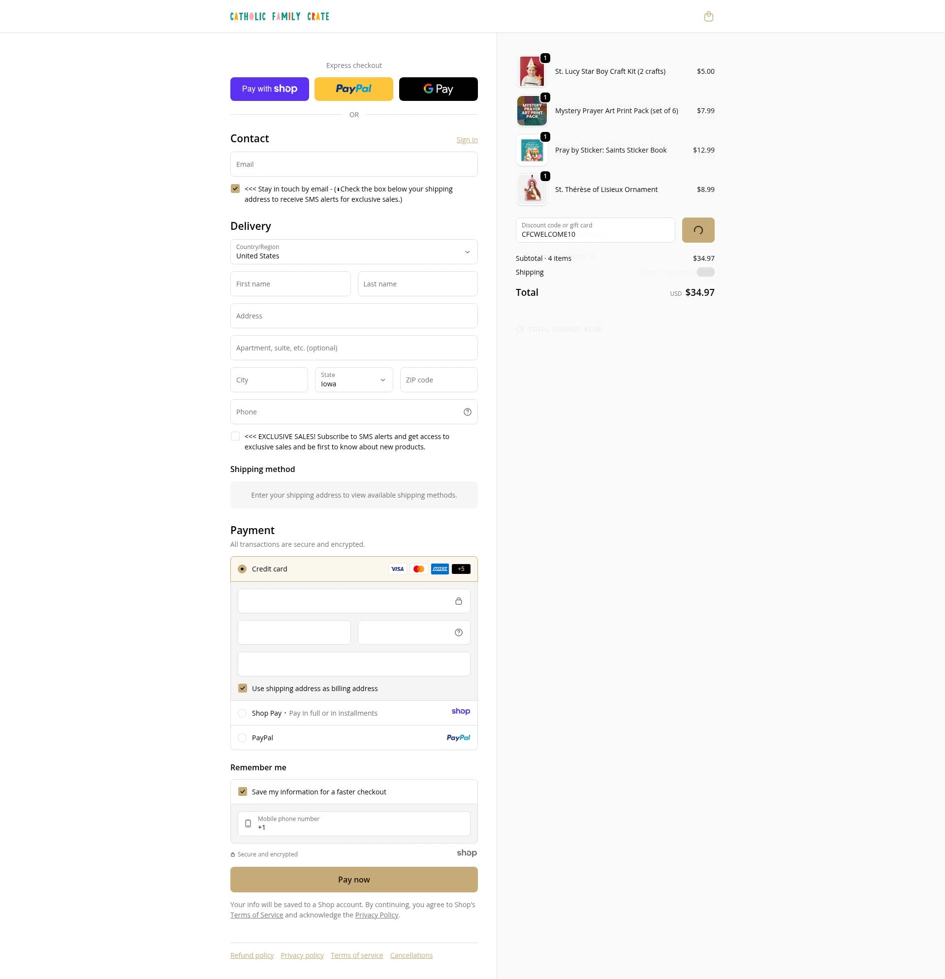 Catholic Family Crate checkout page showing Catholic Family Crate discount code box | Screenshot taken by SimplyCodes community member on Jan 7, 2026