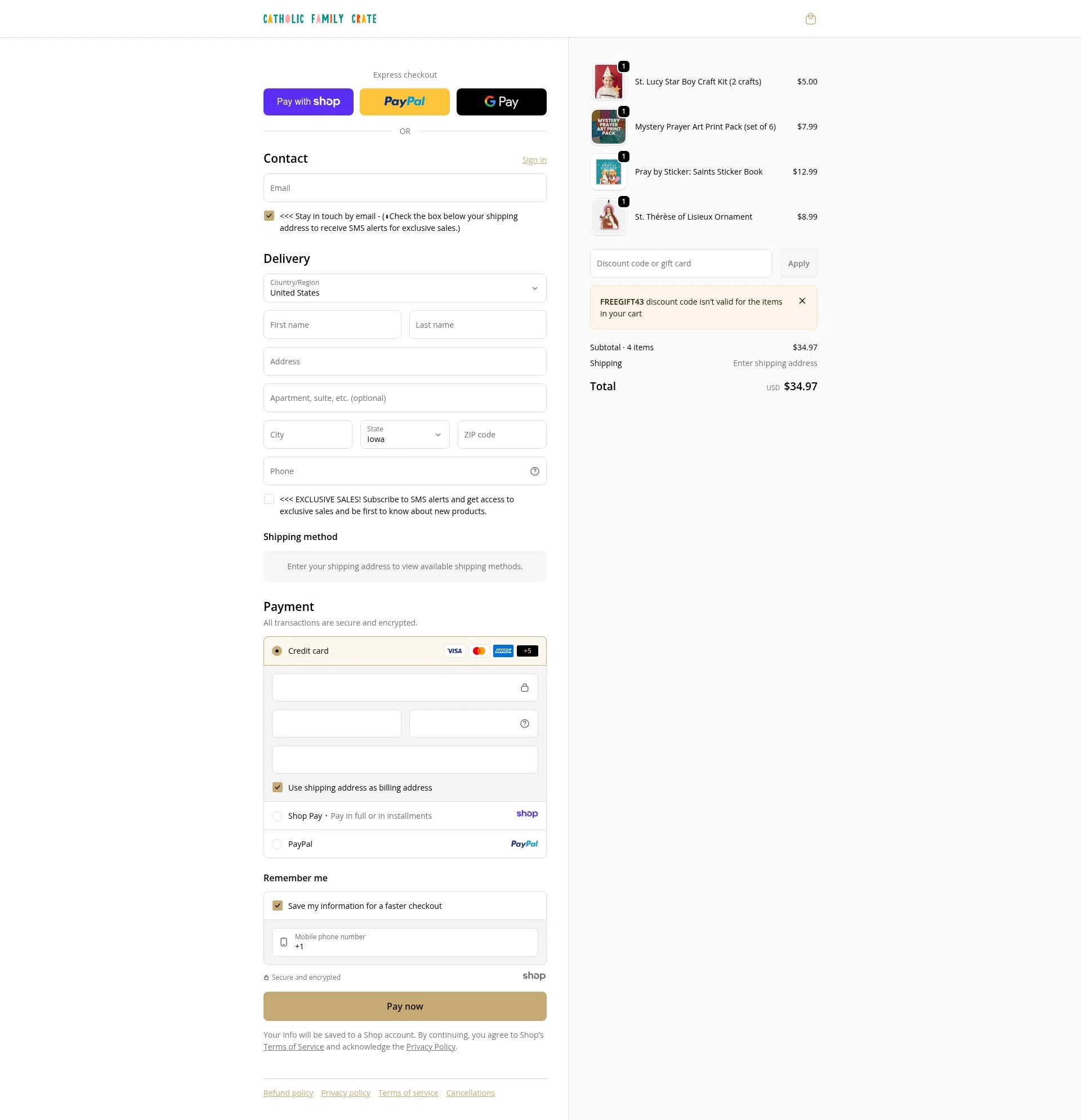 Catholic Family Crate checkout page showing Catholic Family Crate discount code box | Screenshot taken by SimplyCodes community member on Jan 7, 2026