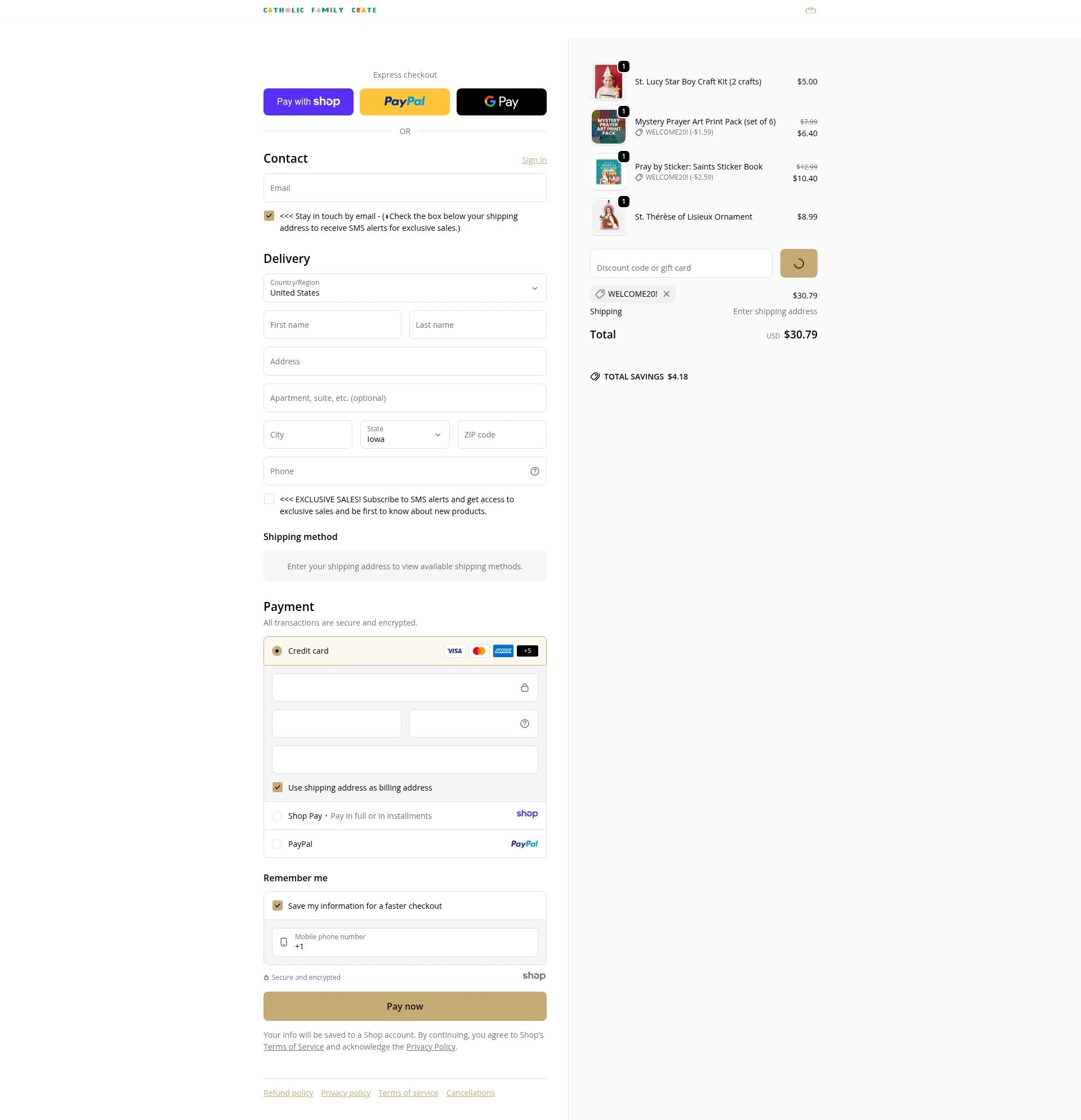 Catholic Family Crate checkout page showing Catholic Family Crate discount code box | Screenshot taken by SimplyCodes community member on Jan 7, 2026