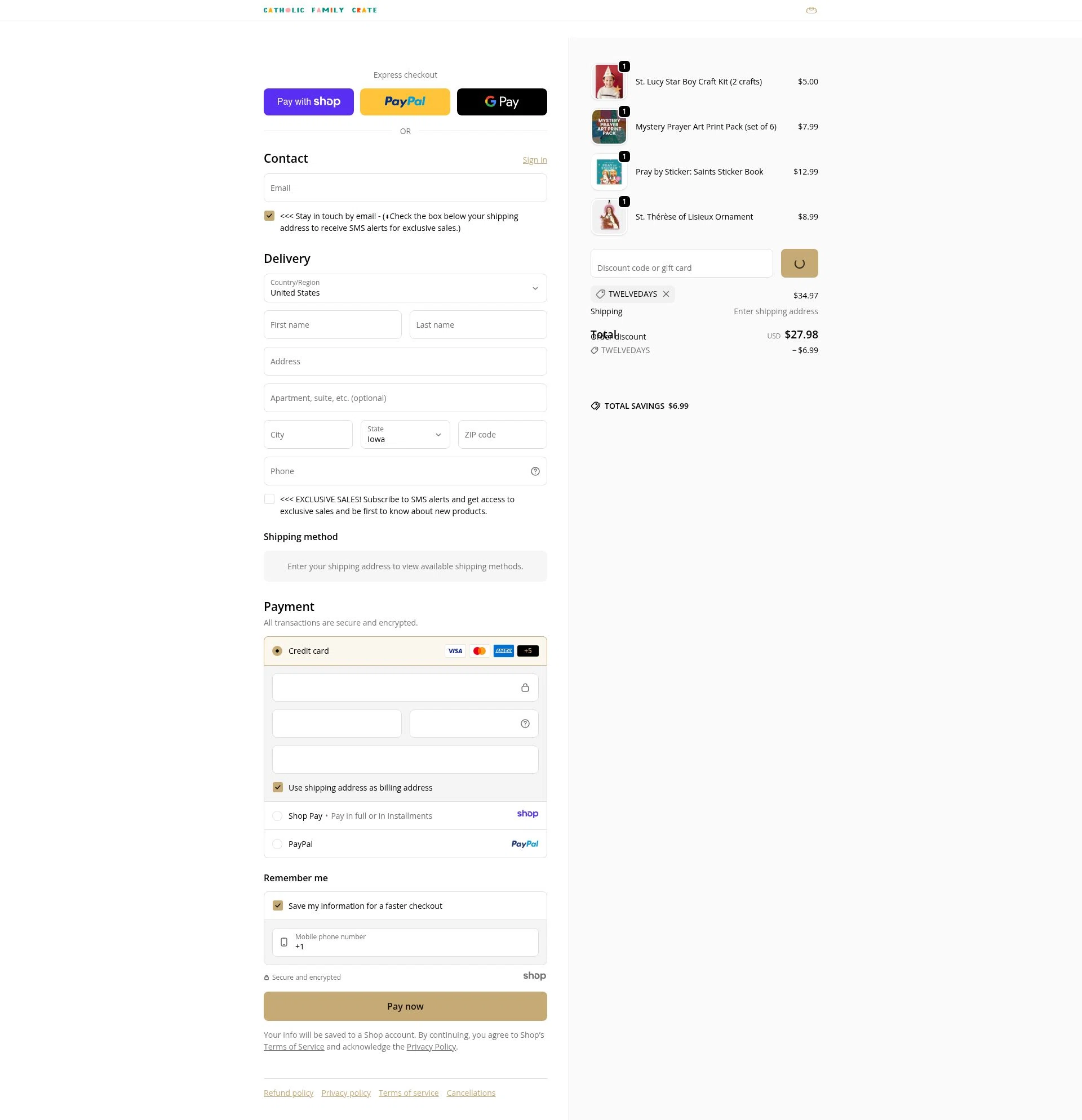 Catholic Family Crate checkout page showing Catholic Family Crate discount code box | Screenshot taken by SimplyCodes community member on Jan 7, 2026