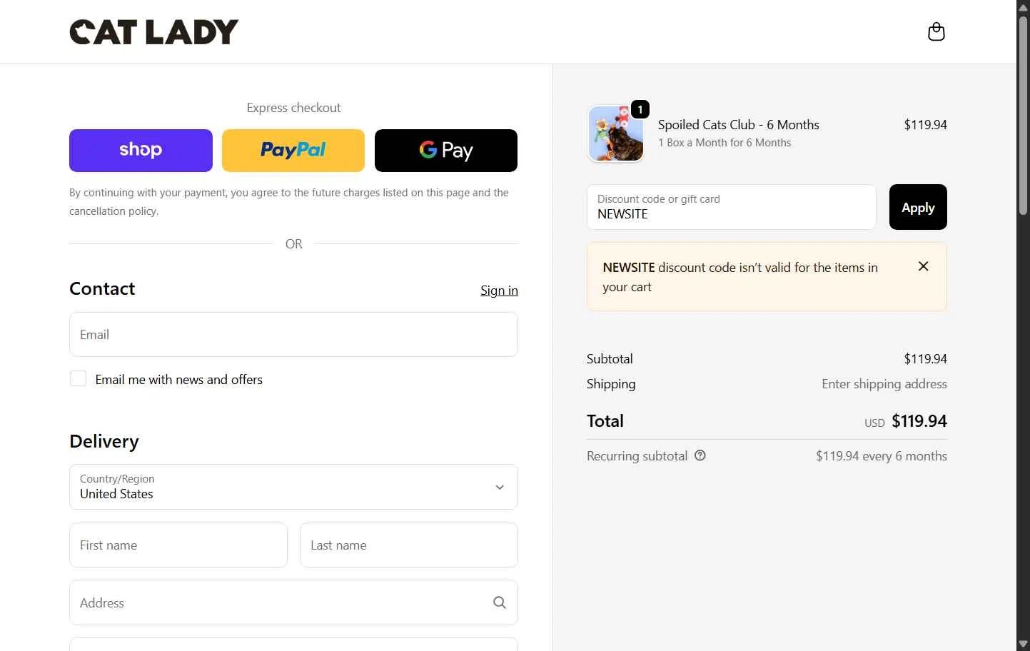 Cat Lady Box checkout page showing Cat Lady Box promo code box | Screenshot taken by SimplyCodes community member on Dec 4, 2025