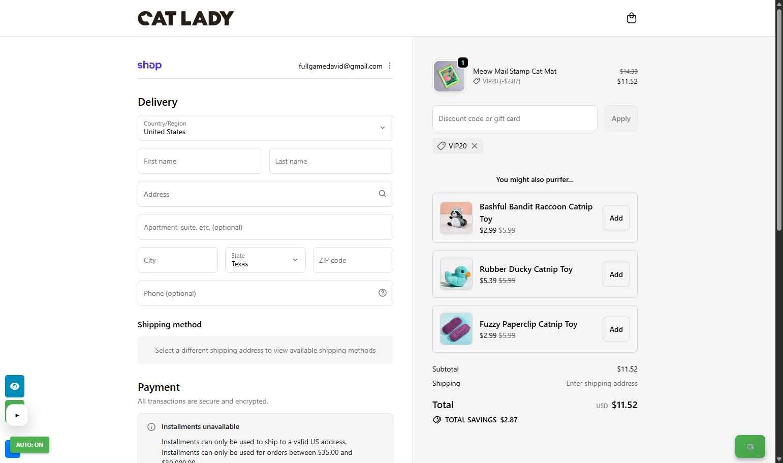 Cat Lady Box checkout page showing Cat Lady Box promo code box | Screenshot taken by SimplyCodes community member on Jan 31, 2026