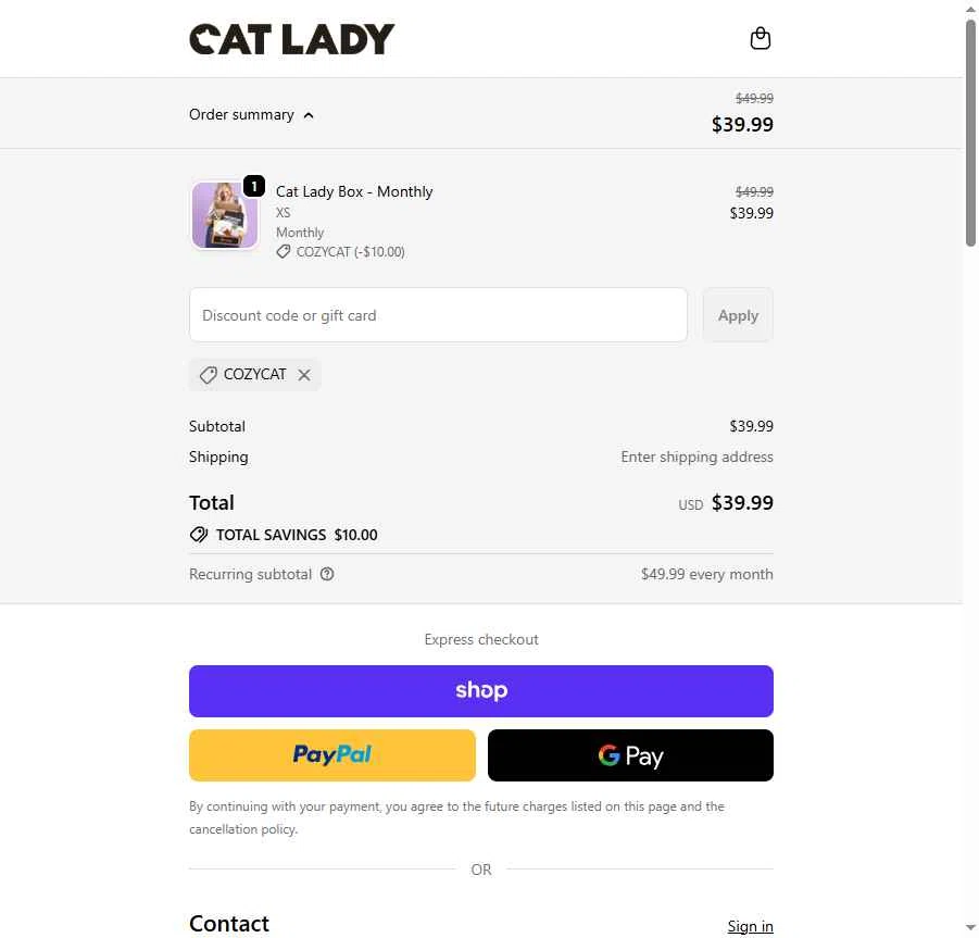 Cat Lady Box checkout page showing Cat Lady Box promo code box | Screenshot taken by SimplyCodes community member on Nov 6, 2025