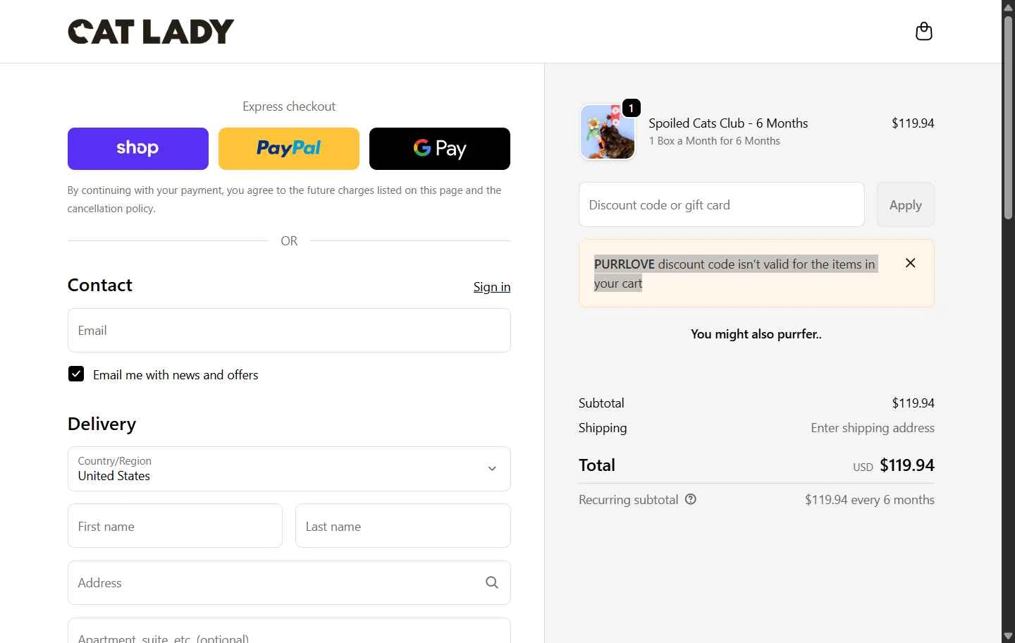Cat Lady Box checkout page showing Cat Lady Box promo code box | Screenshot taken by SimplyCodes community member on Feb 3, 2026