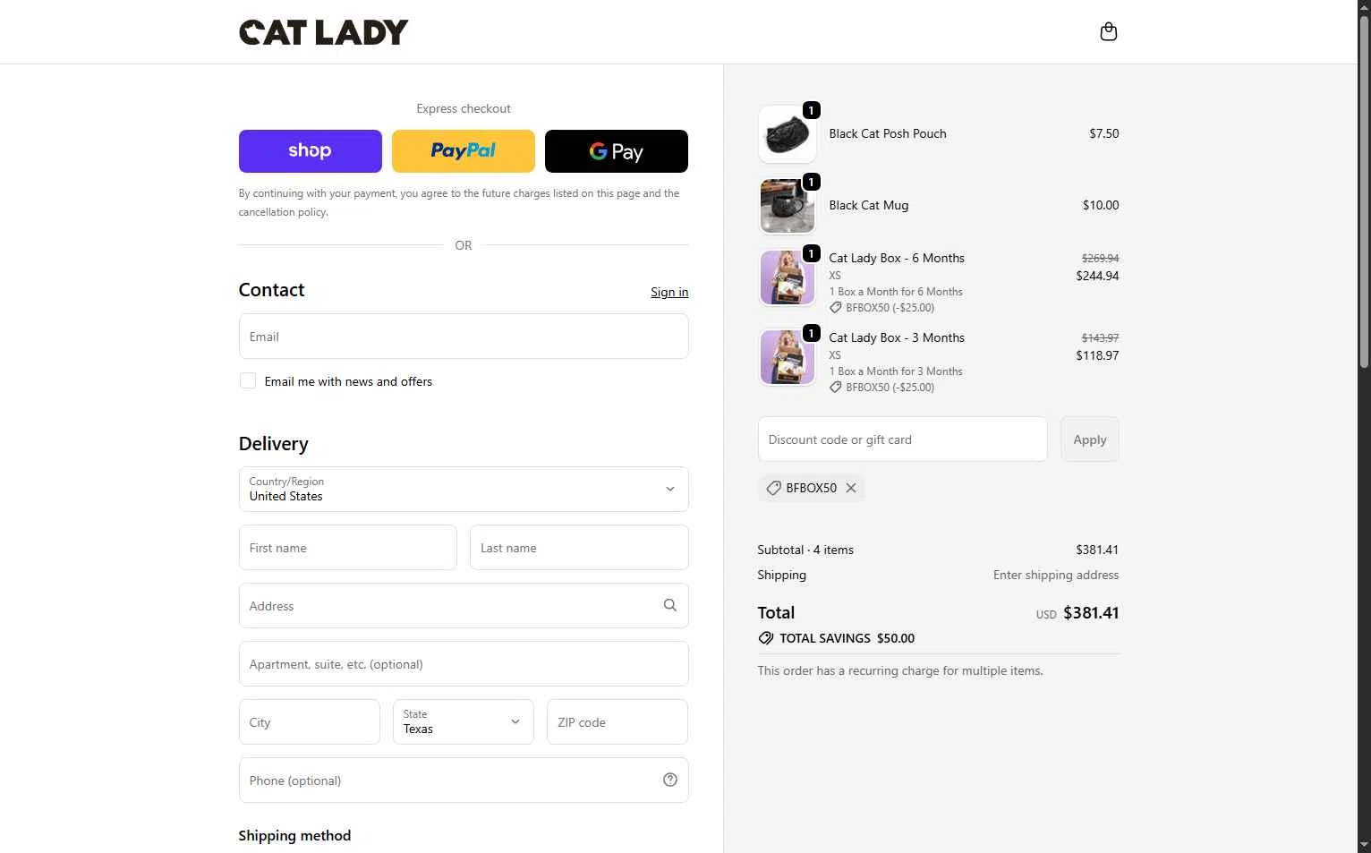 Cat Lady Box checkout page showing Cat Lady Box promo code box | Screenshot taken by SimplyCodes community member on Dec 3, 2025