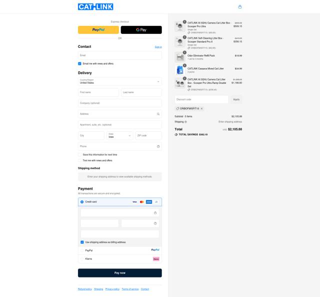 CATLINK checkout page showing CATLINK discount code box | Screenshot taken by SimplyCodes community member on Sep 16, 2025
