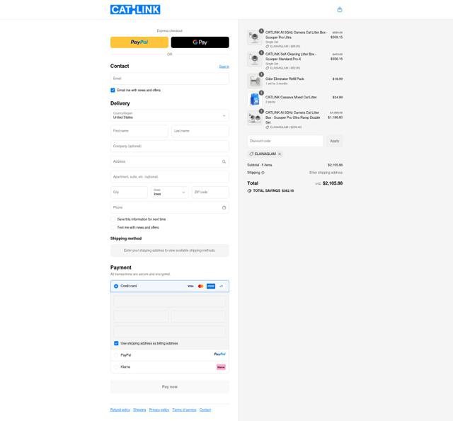 CATLINK checkout page showing CATLINK discount code box | Screenshot taken by SimplyCodes community member on Sep 16, 2025