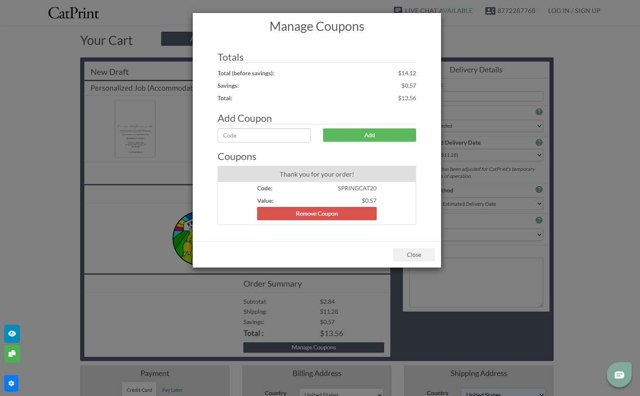 CatPrint checkout page showing CatPrint coupon code box | Screenshot taken by SimplyCodes community member on May 22, 2025