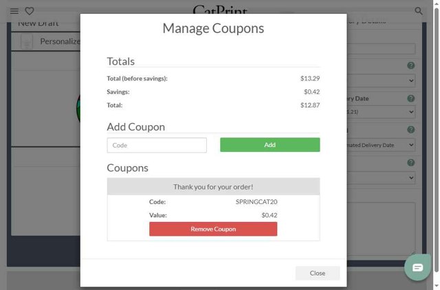 CatPrint checkout page showing CatPrint coupon code box | Screenshot taken by SimplyCodes community member on May 14, 2025