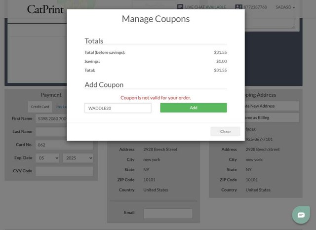 CatPrint checkout page showing CatPrint coupon code box | Screenshot taken by SimplyCodes community member on May 5, 2025