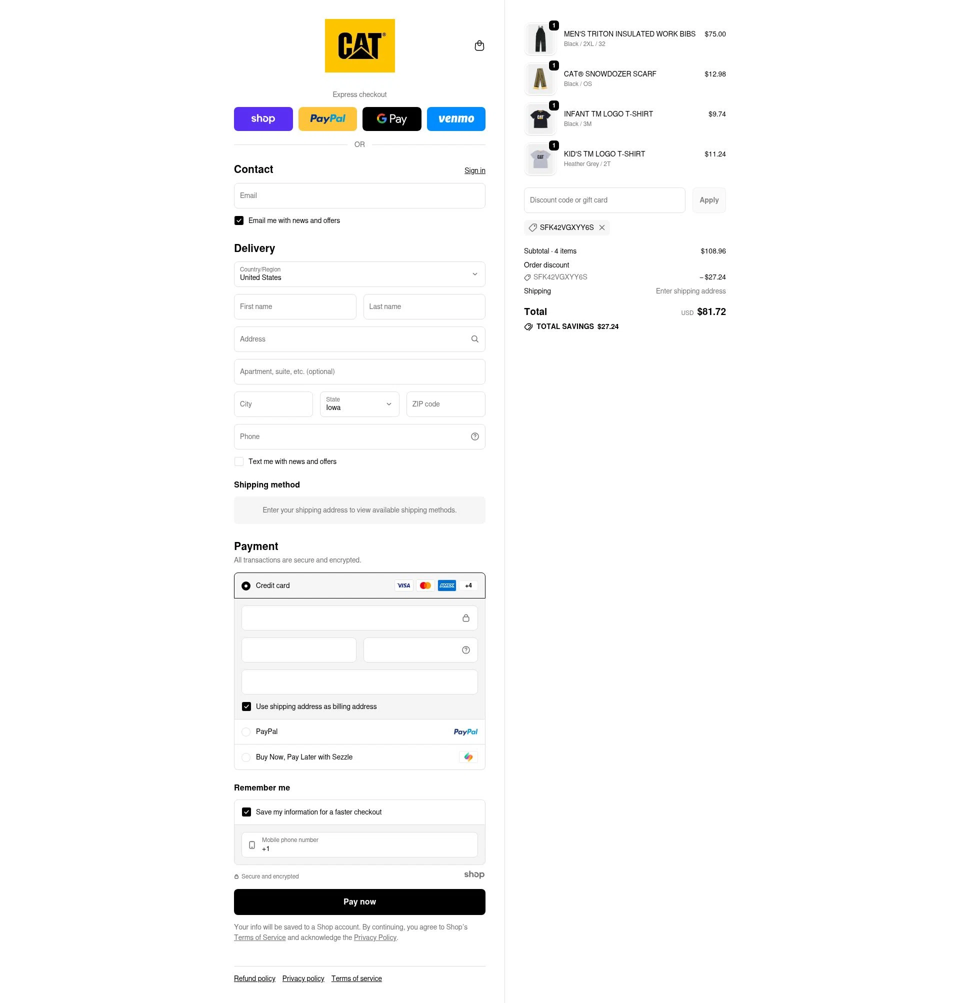 Caterpillar Workwear checkout page showing Caterpillar Workwear promo code box | Screenshot taken by SimplyCodes community member on Dec 29, 2025