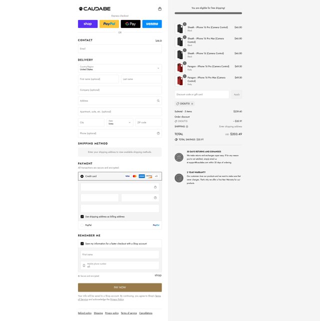 Caudabe checkout page showing Caudabe discount code box | Screenshot taken by SimplyCodes community member on Aug 31, 2025