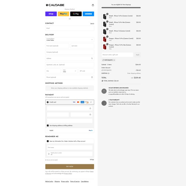 Caudabe checkout page showing Caudabe discount code box | Screenshot taken by SimplyCodes community member on Sep 4, 2025