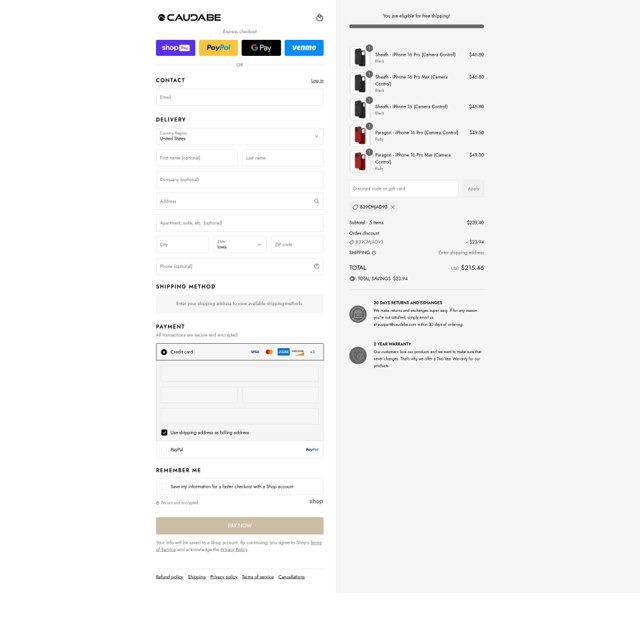 Caudabe checkout page showing Caudabe discount code box | Screenshot taken by SimplyCodes community member on Aug 27, 2025