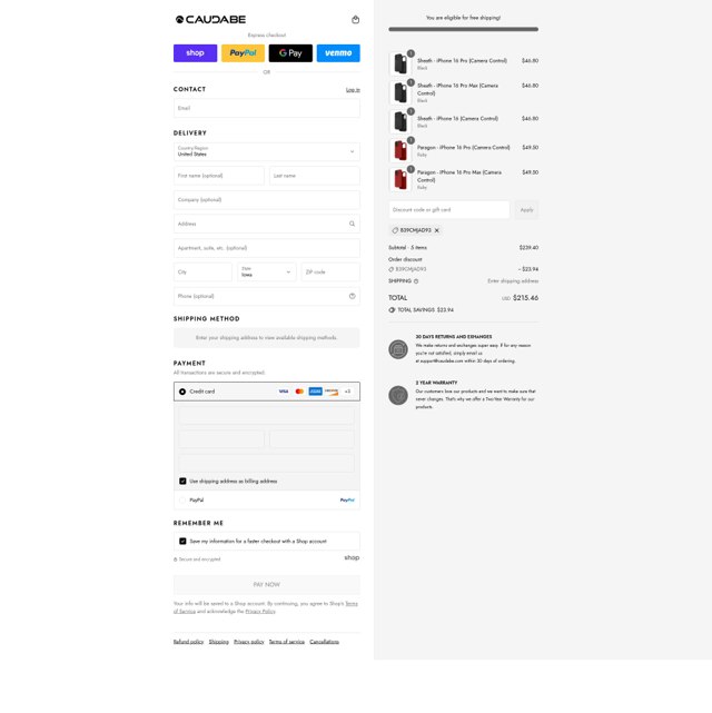 Caudabe checkout page showing Caudabe discount code box | Screenshot taken by SimplyCodes community member on Aug 31, 2025