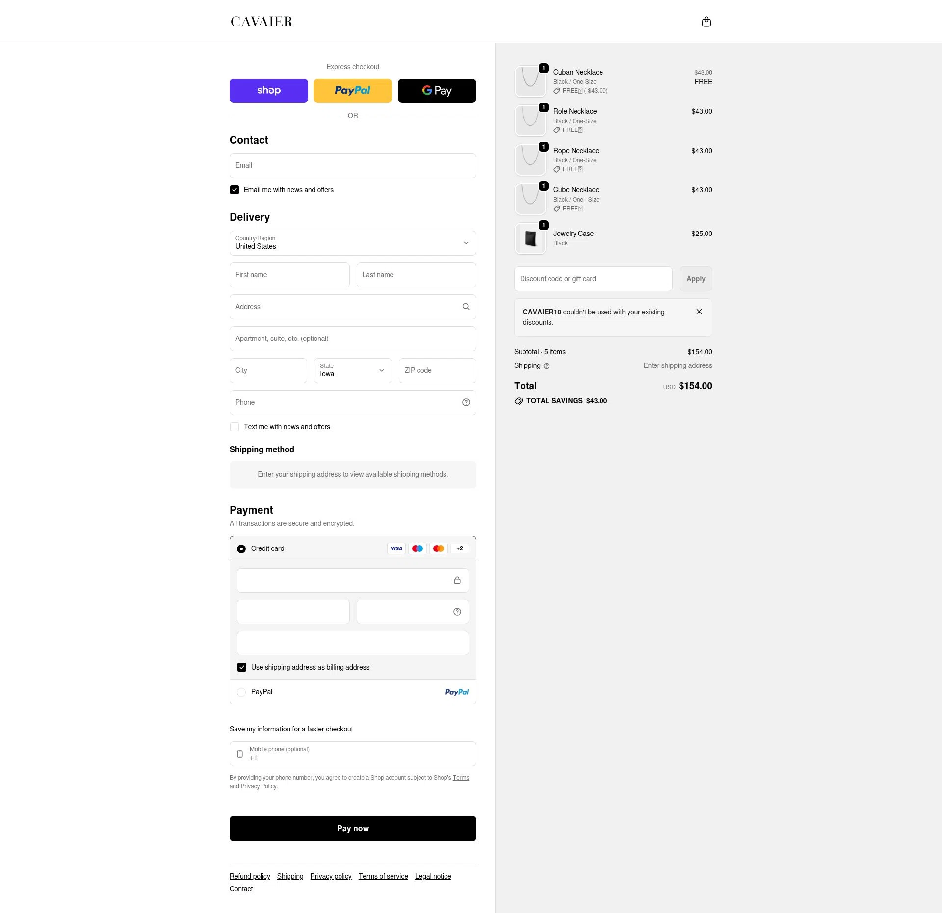 Cavaier checkout page showing Cavaier discount code box | Screenshot taken by SimplyCodes community member on Feb 10, 2026