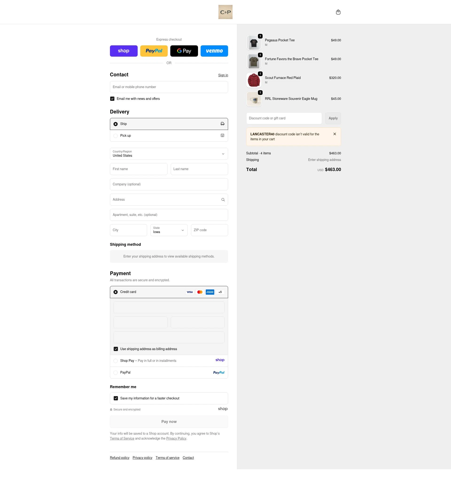 Cave + Post Trading Co. checkout page showing Cave + Post Trading Co. promo code box | Screenshot taken by SimplyCodes community member on Dec 28, 2025
