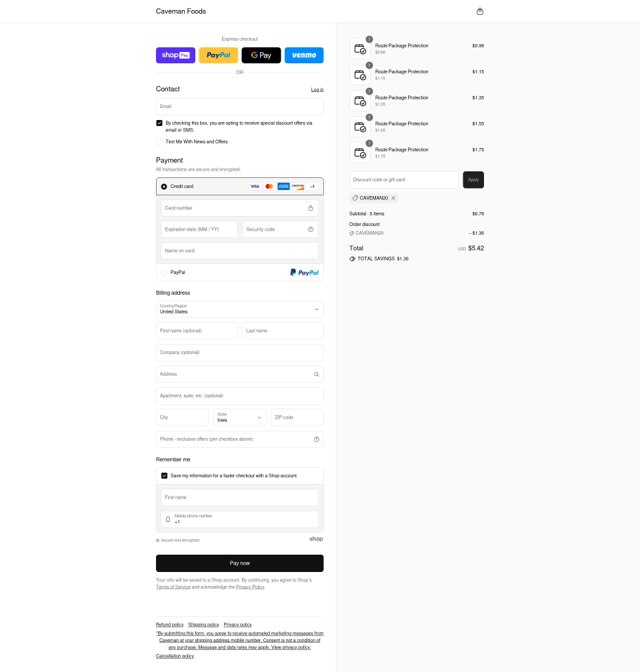 Caveman Foods checkout page showing Caveman Foods discount code box | Screenshot taken by SimplyCodes community member on Jul 12, 2025