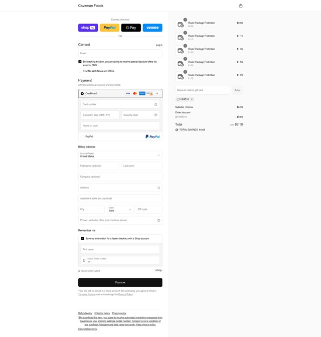 Caveman Foods checkout page showing Caveman Foods discount code box | Screenshot taken by SimplyCodes community member on Jul 12, 2025