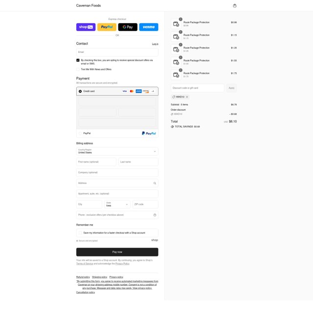 Caveman Foods checkout page showing Caveman Foods discount code box | Screenshot taken by SimplyCodes community member on Jul 17, 2025