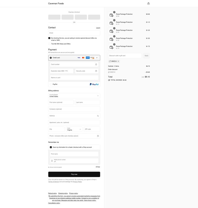 Caveman Foods checkout page showing Caveman Foods discount code box | Screenshot taken by SimplyCodes community member on Jul 8, 2025