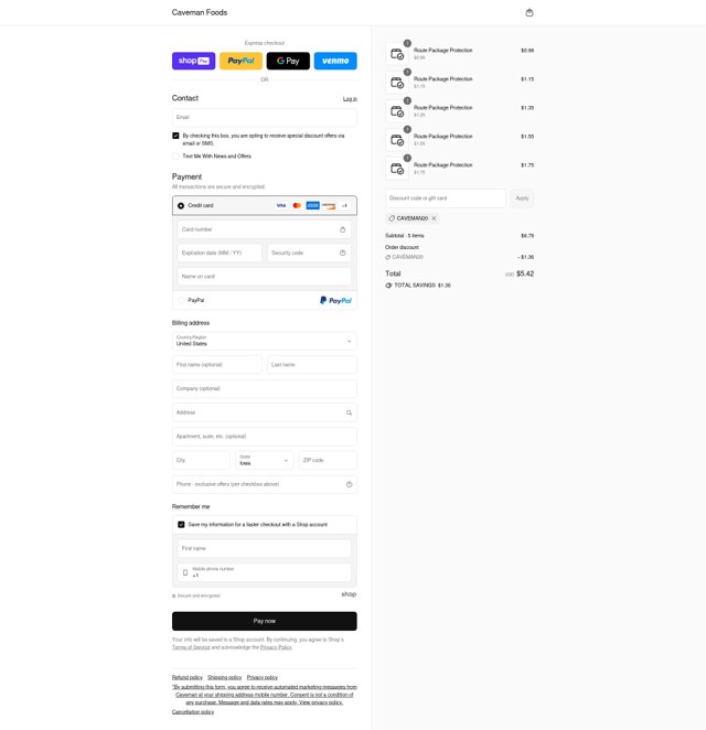Caveman Foods checkout page showing Caveman Foods discount code box | Screenshot taken by SimplyCodes community member on Jul 21, 2025