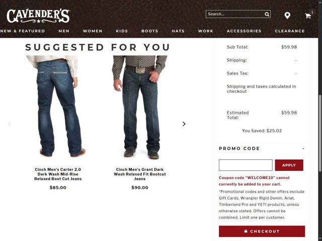 Cavenders checkout page showing Cavenders promo code box | Screenshot taken by SimplyCodes community member on May 5, 2025