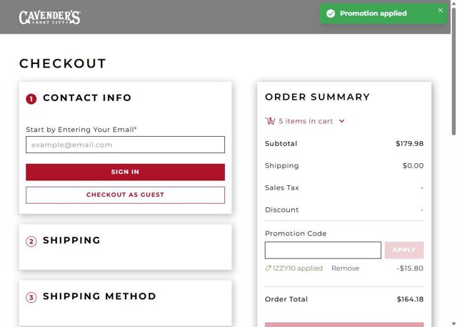 Cavenders checkout page showing Cavenders promo code box | Screenshot taken by SimplyCodes community member on Aug 25, 2025
