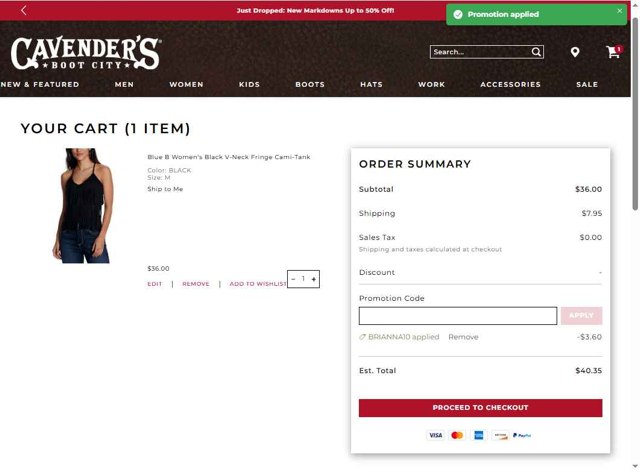 Cavenders checkout page showing Cavenders promo code box | Screenshot taken by SimplyCodes community member on Aug 25, 2025