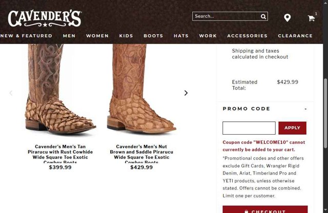 Cavenders checkout page showing Cavenders promo code box | Screenshot taken by SimplyCodes community member on Apr 28, 2025