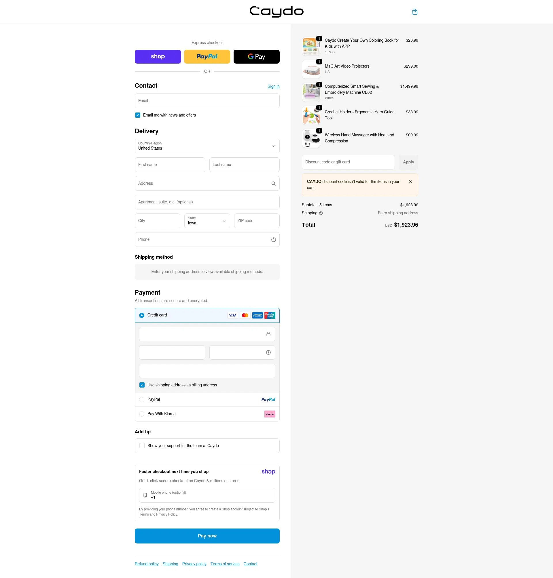 Caydo DIY checkout page showing Caydo DIY promo code box | Screenshot taken by SimplyCodes community member on Jan 9, 2026