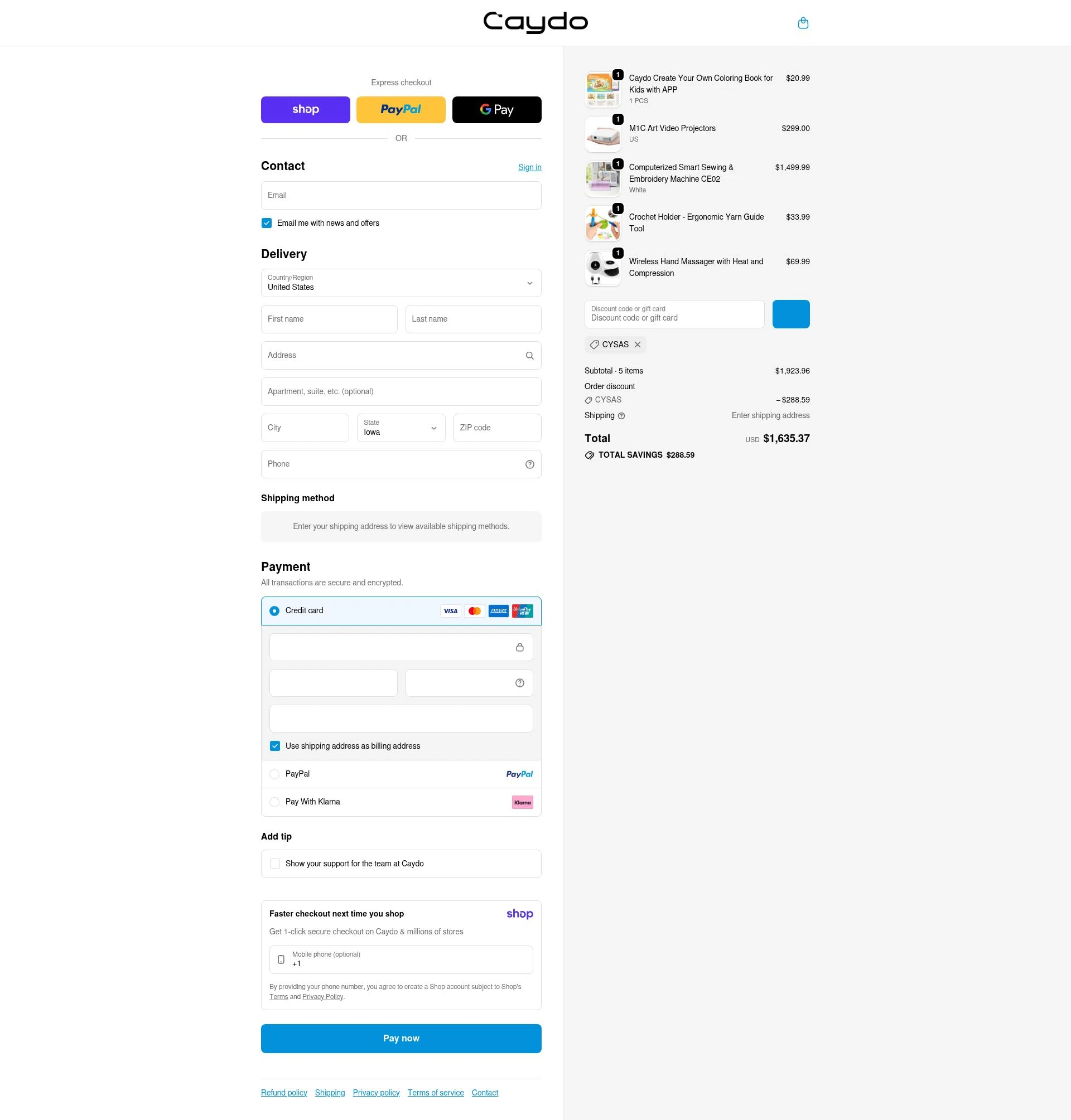 Caydo DIY checkout page showing Caydo DIY promo code box | Screenshot taken by SimplyCodes community member on Jan 9, 2026