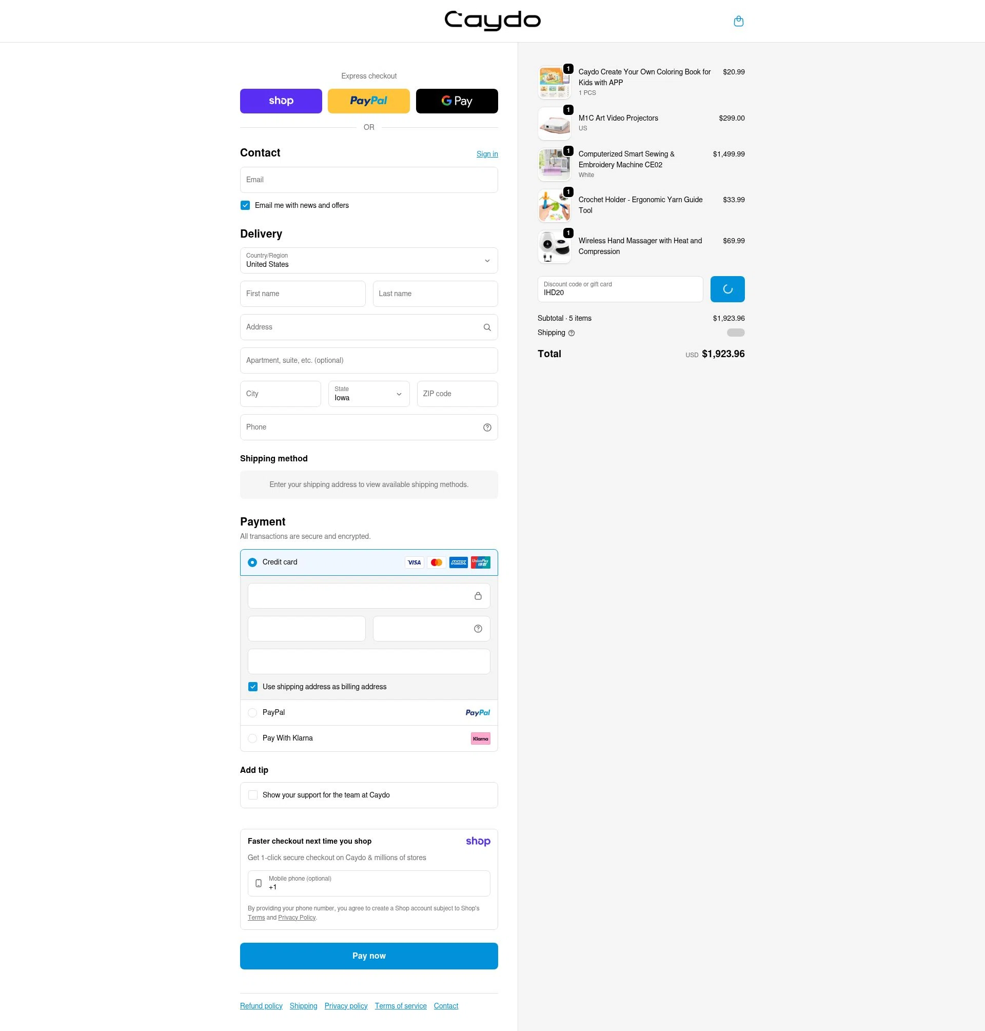 Caydo DIY checkout page showing Caydo DIY promo code box | Screenshot taken by SimplyCodes community member on Jan 9, 2026