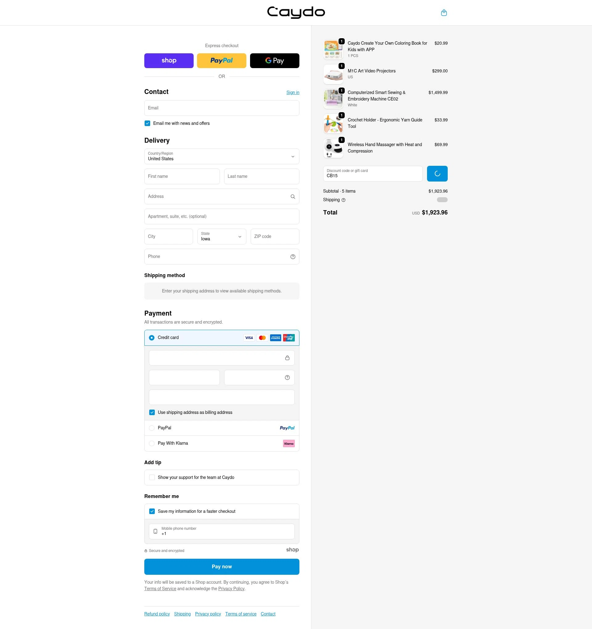 Caydo DIY checkout page showing Caydo DIY promo code box | Screenshot taken by SimplyCodes community member on Jan 9, 2026