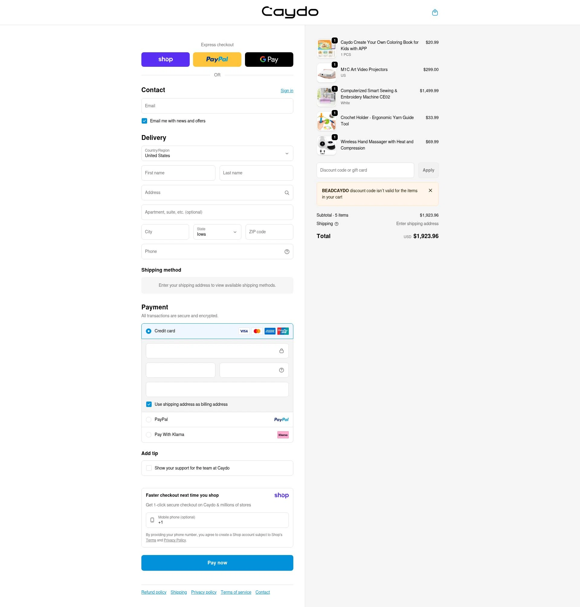 Caydo DIY checkout page showing Caydo DIY promo code box | Screenshot taken by SimplyCodes community member on Jan 9, 2026