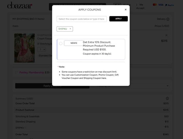 Cbazaar checkout page showing Cbazaar promo code box | Screenshot taken by SimplyCodes community member on Jul 15, 2025