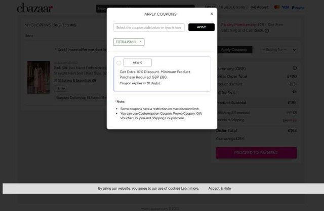 Cbazaar checkout page showing Cbazaar promo code box | Screenshot taken by SimplyCodes community member on Jul 15, 2025