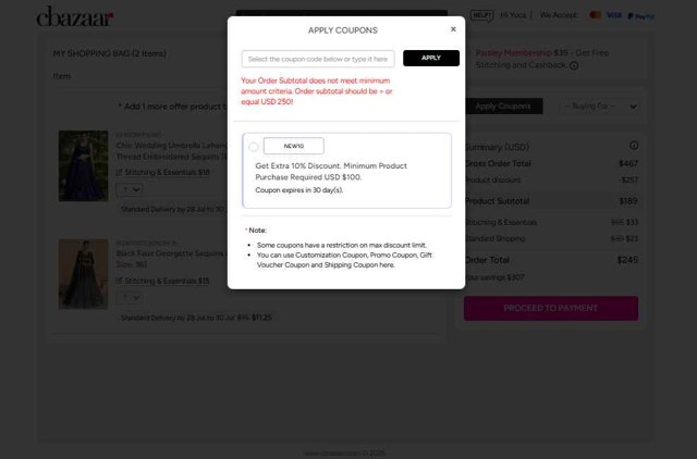 Cbazaar checkout page showing Cbazaar promo code box | Screenshot taken by SimplyCodes community member on Jul 14, 2025