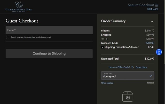 Chesapeake Bay Crab Cakes checkout page showing Chesapeake Bay Crab Cakes promo code box | Screenshot taken by SimplyCodes community member on Aug 24, 2025