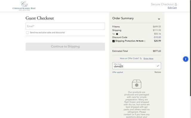 Chesapeake Bay Crab Cakes checkout page showing Chesapeake Bay Crab Cakes promo code box | Screenshot taken by SimplyCodes community member on Aug 24, 2025