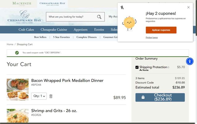 Chesapeake Bay Crab Cakes checkout page showing Chesapeake Bay Crab Cakes promo code box | Screenshot taken by SimplyCodes community member on Aug 21, 2025