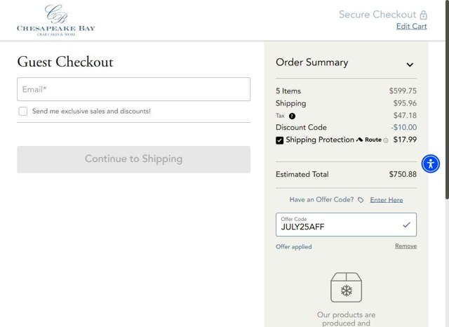 Chesapeake Bay Crab Cakes checkout page showing Chesapeake Bay Crab Cakes promo code box | Screenshot taken by SimplyCodes community member on Aug 28, 2025