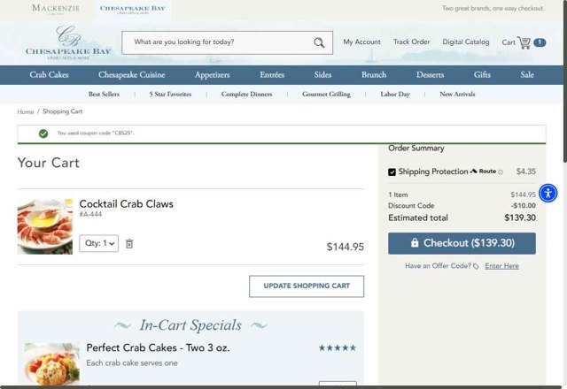 Chesapeake Bay Crab Cakes checkout page showing Chesapeake Bay Crab Cakes promo code box | Screenshot taken by SimplyCodes community member on Aug 17, 2025