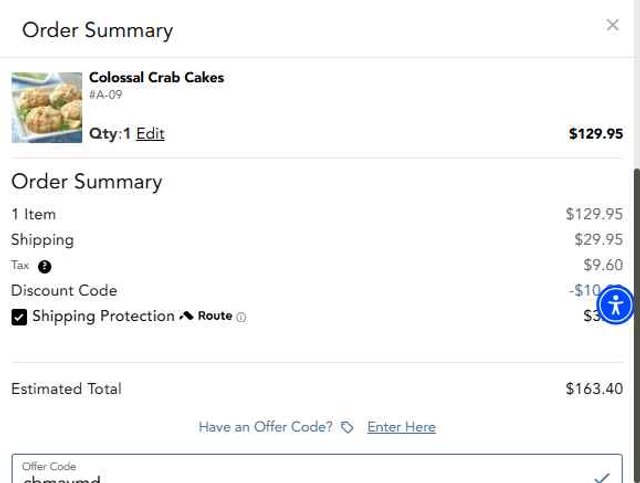 Chesapeake Bay Crab Cakes checkout page showing Chesapeake Bay Crab Cakes promo code box | Screenshot taken by SimplyCodes community member on Aug 24, 2025