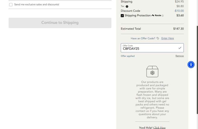 Chesapeake Bay Crab Cakes checkout page showing Chesapeake Bay Crab Cakes promo code box | Screenshot taken by SimplyCodes community member on Aug 16, 2025