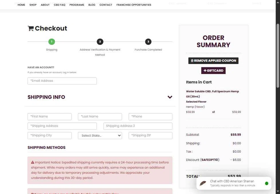 CBD American Shaman checkout page showing CBD American Shaman promo code box | Screenshot taken by SimplyCodes community member on Jan 26, 2026