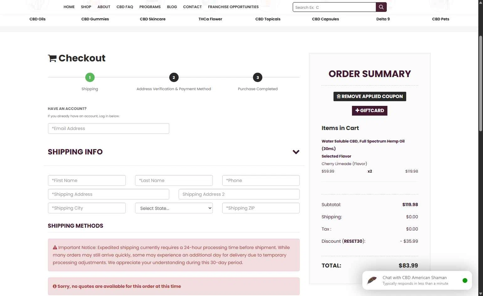 CBD American Shaman checkout page showing CBD American Shaman promo code box | Screenshot taken by SimplyCodes community member on Feb 11, 2026
